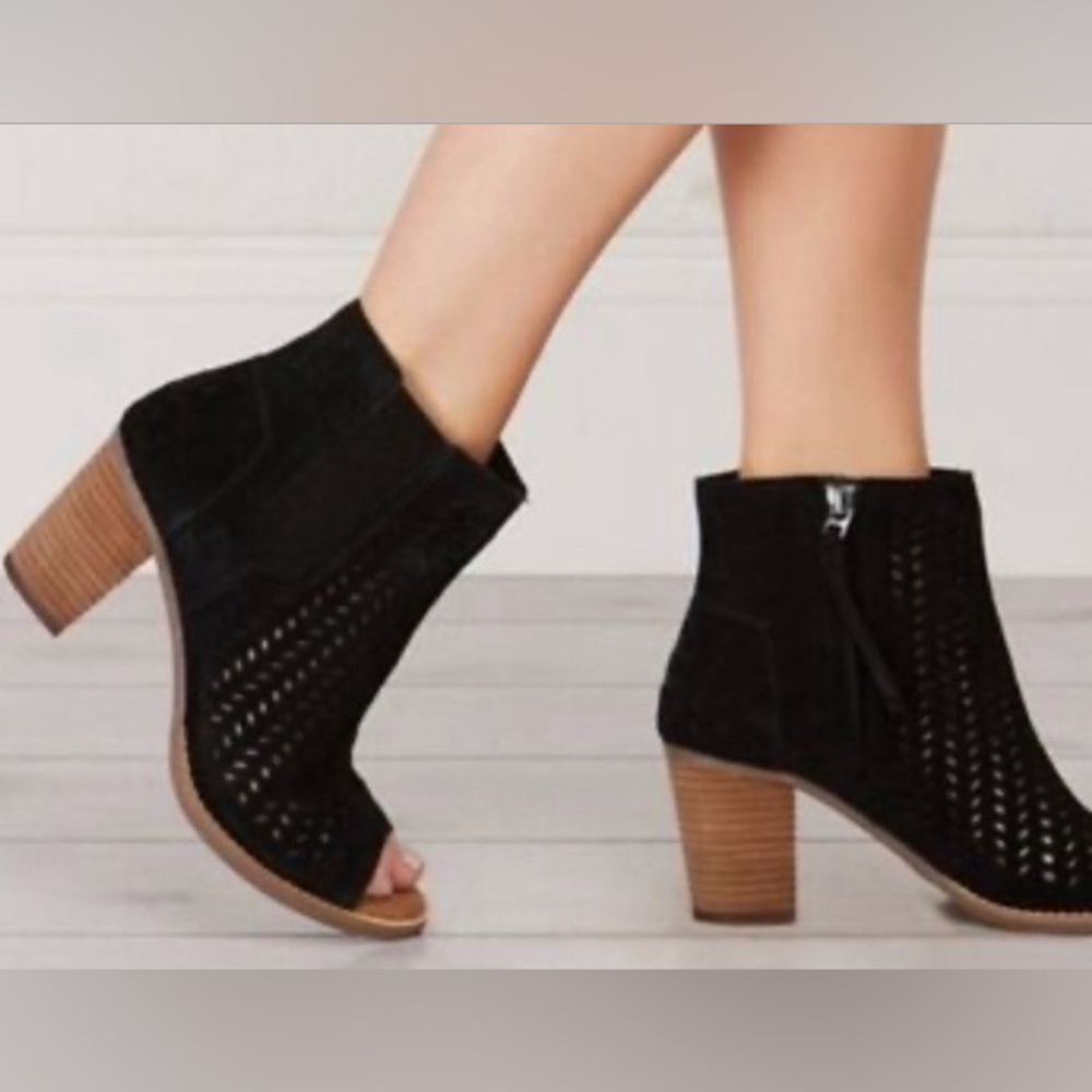 Toms Majorca Peep Toe Perforated Bootie - Black Suede - Size 9